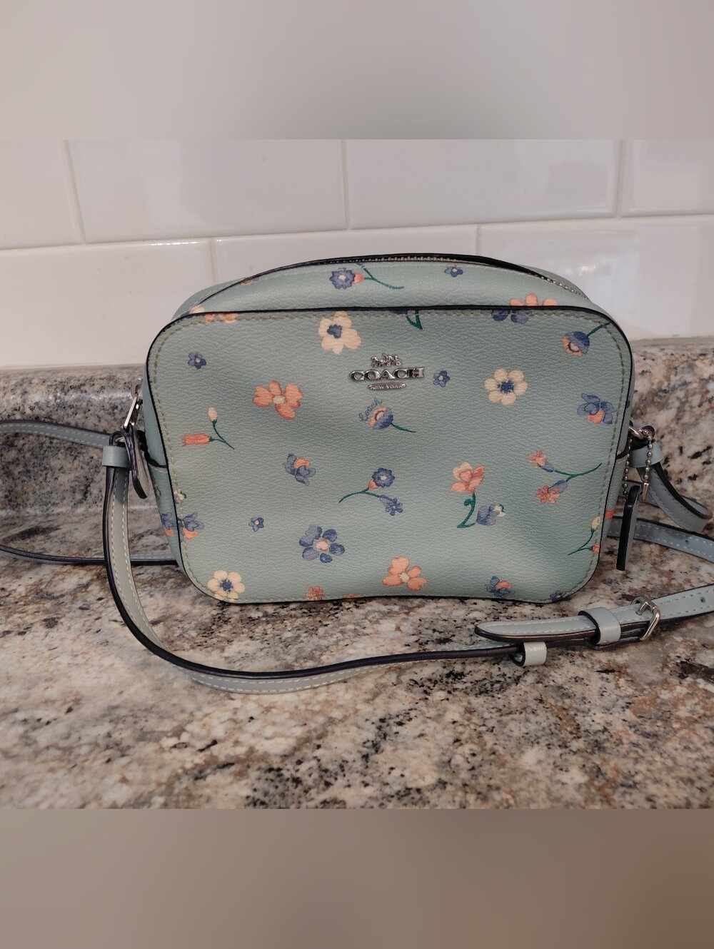COACH Small Leather Light Blue Pink Floral Crossbody Purse